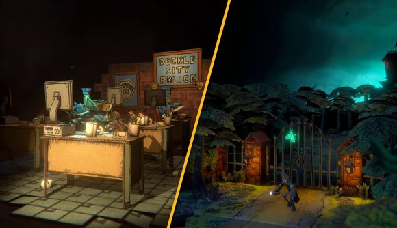 Two screenshots from Paper Cut Mansion in a custom header image split vertically. On the left, a man made of paper in a police office made of cardboard, sat at a cardboard desk, light shining in his face, worriedly working. On the right, a man made of paper holds a flashlight by a gate in between paper trees.
