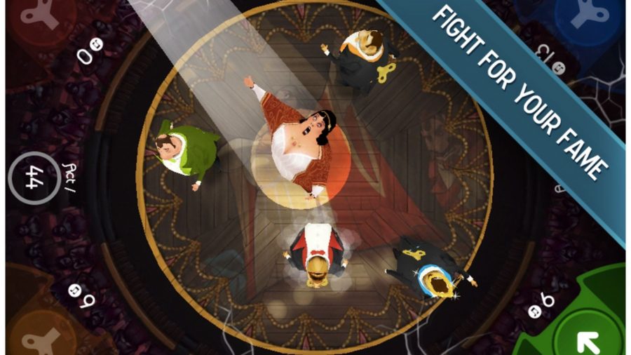 A screenshot from King of Opera, a party game, showing five opera singers on a stage from a god's eye view, one with their head raised, looking up, mouth agape.