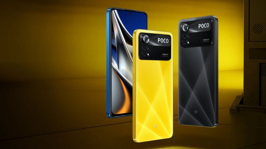 Three Poco X4 Pro 5Gs, one in Poco Yellow, one in Laser Black, one in Laser Blue, on a glowing yellow background.
