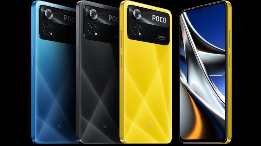 Four Poco X4 Pro 5Gs. Three with the back facing us, one yellow, one black, and one blue. The fourth has its screen facing us, with a wavy colourful screensaver.