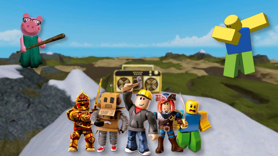 A picture of a boombox in Roblox, assumedly playing one of the many Roblox song IDs, with various characters around it.