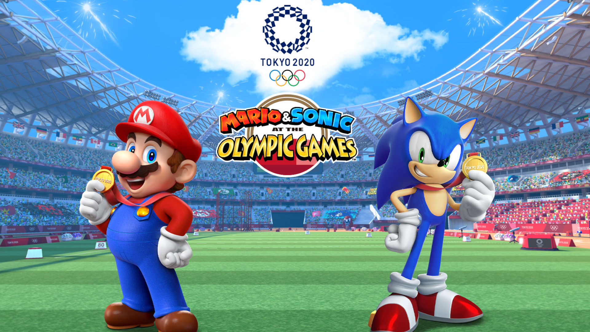 Mario and Sonic at the Tokyo 2020 Olympic Games cover, with mario and sonic standing in a stadium