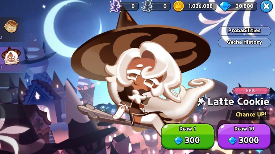 A screenshot from Cookie Run Kingdom, which is currently having a Shroomie Cookie Run event, showing a witch on a broom in the night sky.