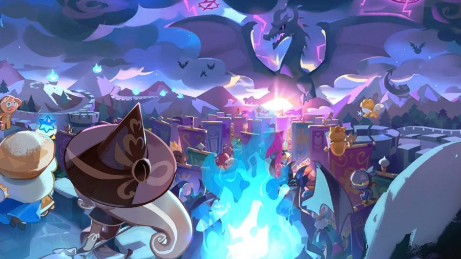 Art from Cookie Run Kingdom, currently hosting a Shroomie Cookie Run event, showing a witch looking at a purple dragon in the sky, with a blue flame covering the city below.