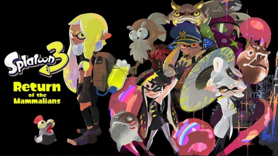 The main character, Captain Cuttlefish, Callie, and Marie, among other characters from Splatoon 3, in a hero shot, with the words 'Return of the Mammalians' next to them.