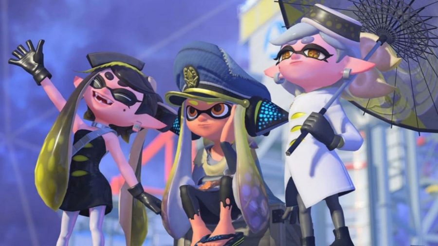 Callie and Marie with the main character from Splatoon 3, standing, posing fashionably, one of them holding an umbrella.