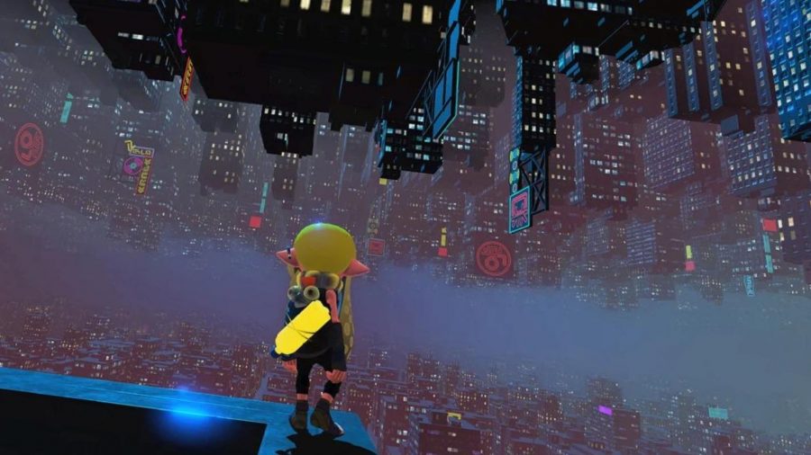 A character from Splatoon 3, their back to us, looking at a city skyline mirrored in the sky,