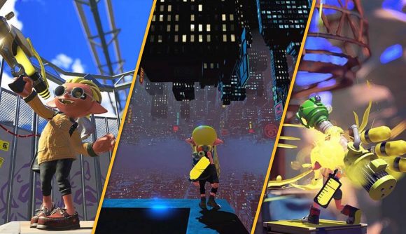Splatoon 3 screenshots: Characters from Splatoon look over a cityscape at night, carry a large yellow gun, and look ready for combat