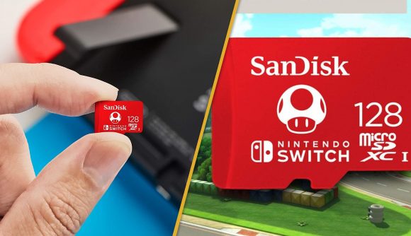 Nintendo Switch MicroSD cards spliced together - one shows a hand holding the MicroSD card in front of a Switch, the other shows the MicroSD card imposed over a Mario Kart 8 Deluxe background.