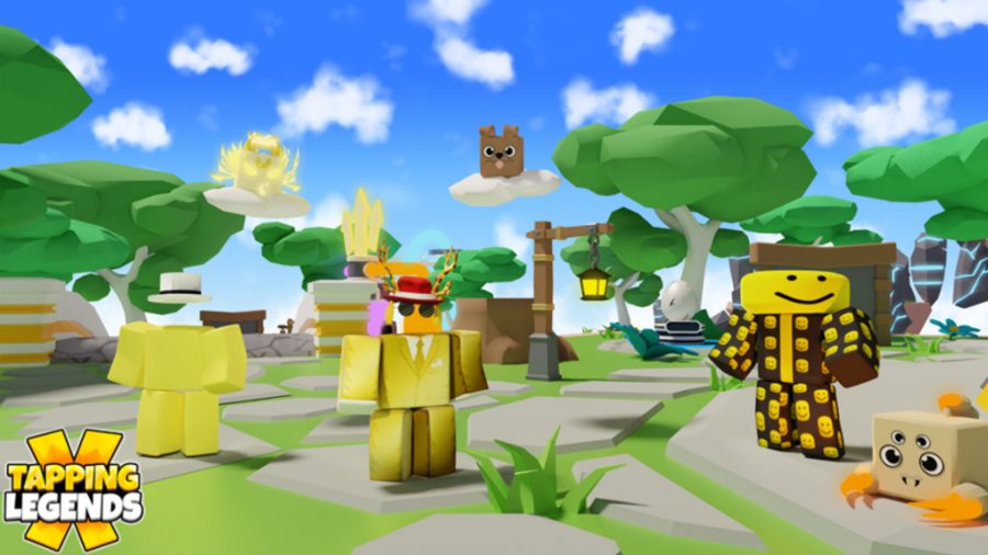 Roblox Tapping Legends X characters in a sunny landscape 