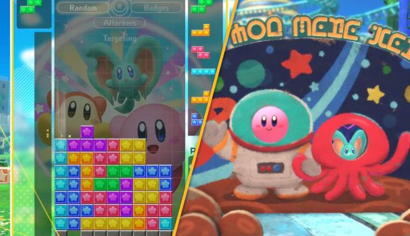 Screenshots from Tetris 99 Kirby Grand Prix and Kirby and the Forgotten Land