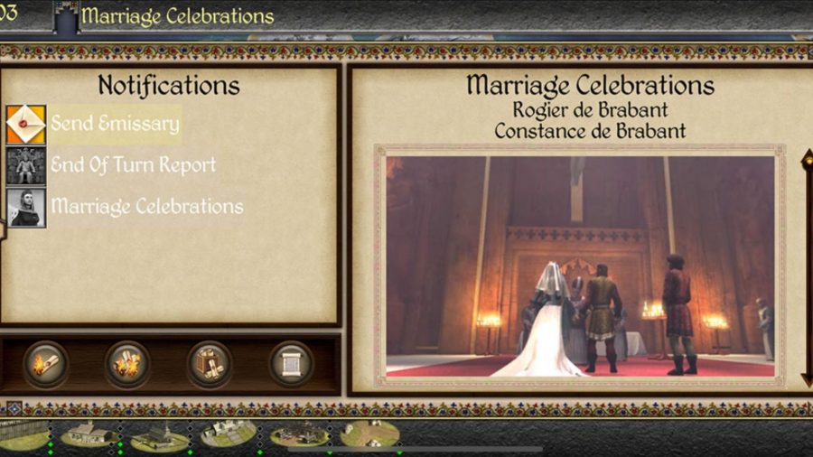 The notification screen in Total War: Medieval 2, with a notification about marriage celebrations.
