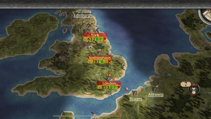The overworld map in Total War: Medieval II, showing England and the cities of London, Nottingham, and York, as well as the top of Europe, with Bruges and Antwerp.