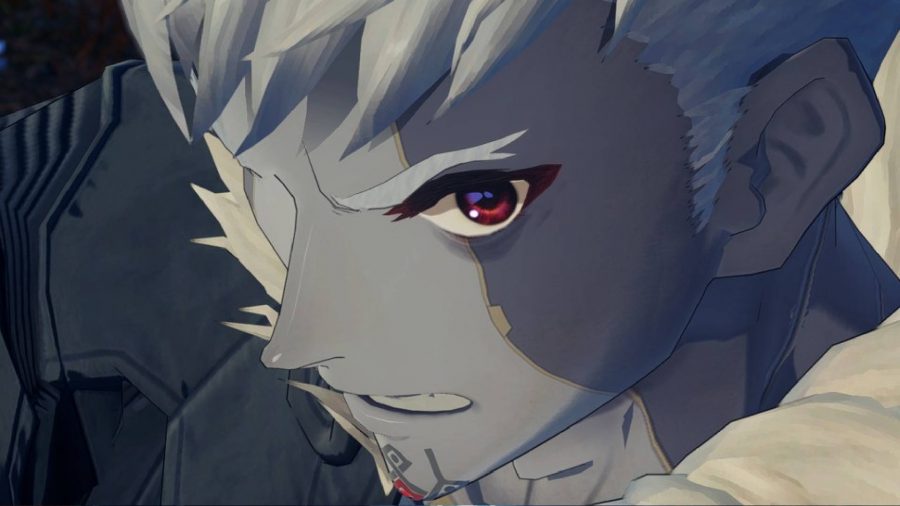 Xenoblade Chronicles 3 characters: the character Lanz looks forwards, with his face clearly being made of different shades of the colour grey 