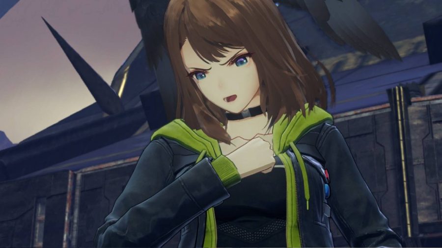 Xenoblade Chronicles 3 characters: The character Eunie appears wearing a green hoodie, with wings sticking out of her head