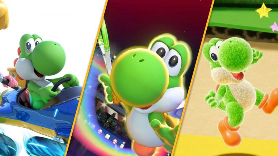 A custom header image showing three Yoshi games. On the left, Yoshi in a futuristic go kart. On the right, Yoshi jumping for joy (made of yarn). In the middle, Yoshi flying with a tennis racket in-hand.