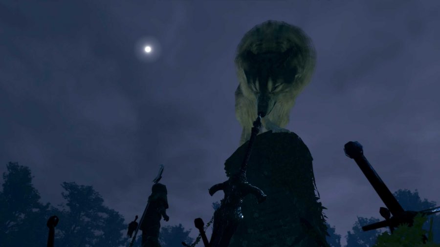 Sif stood on top of a giant grave looking at the chosen undead