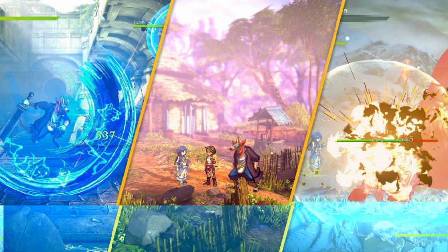 eiyuden chronicle rising review: screenshots show a few different characters performing huge magical attacks, and then the same characters stood in a tranquil village