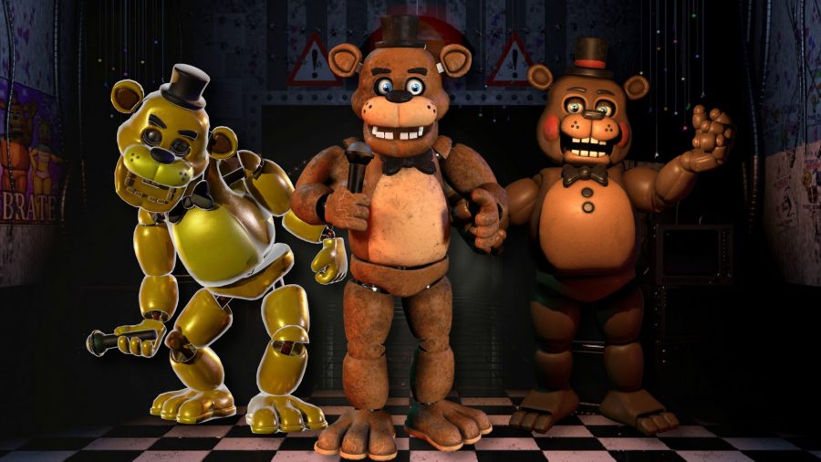 Three versions of the FNAF character Freddy