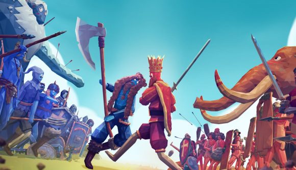 Two TABS armies, one red, one blue, lined up opposite each other, with one blue axe-wielding soldier and one red crown-wearing, sword-wielding soldier clashing in the middle. A mammoth can be seen on the red army's side.