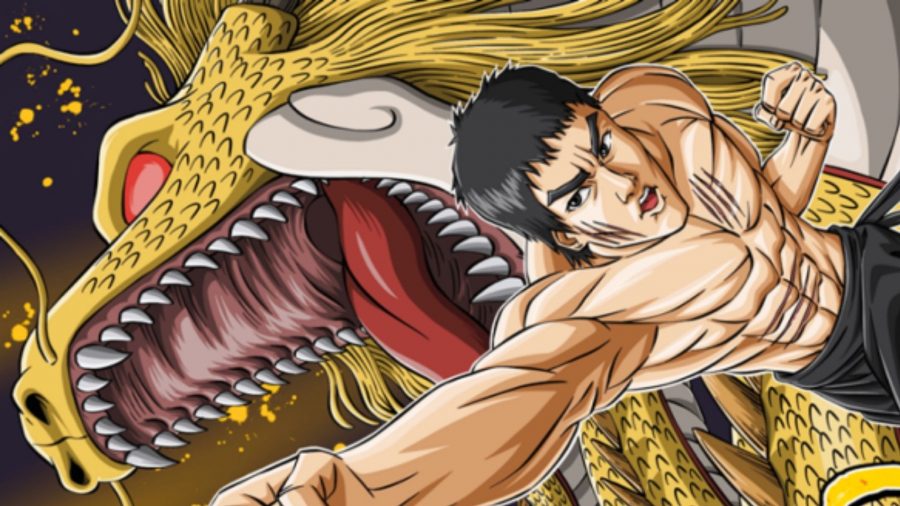 A muscular man that looks like Bruce Lee throws a fist forward, as a yellow dragon roars behind him with bright red eyes, in art for Shindo Life.