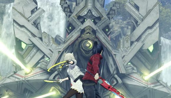 Two characters from one of the Xenoblade Chronicles 3 trailers, one man in red with a red sword, one woman in white with yellow discs in her hand, facing up in battle poses against a large mechanical enemy.