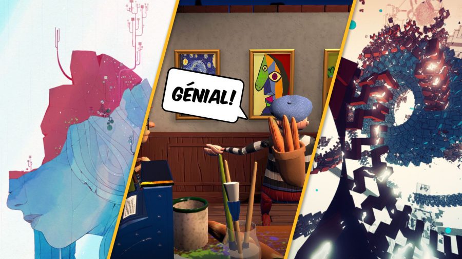 A custom header image showing three shots, split vertically. On the right, a scene from the art game Manifold Garden, showing various geometric shapes swirling around in an abstract space, with colours of beige and red, blue and gold. On the left, a screenshot from the art game Gris, showing a giant statue of a woman, with the top of hear head detached, crumbling. In the middle, a scene from the art game Passepartout, showing a French artists in a black and white striped shirt and blue beret, with baguettes strapped to his back, looking at various famous paintings (Mona Lisa, Starry Night etc.) shouting 'Génial!' as another man in glasses looks at him.