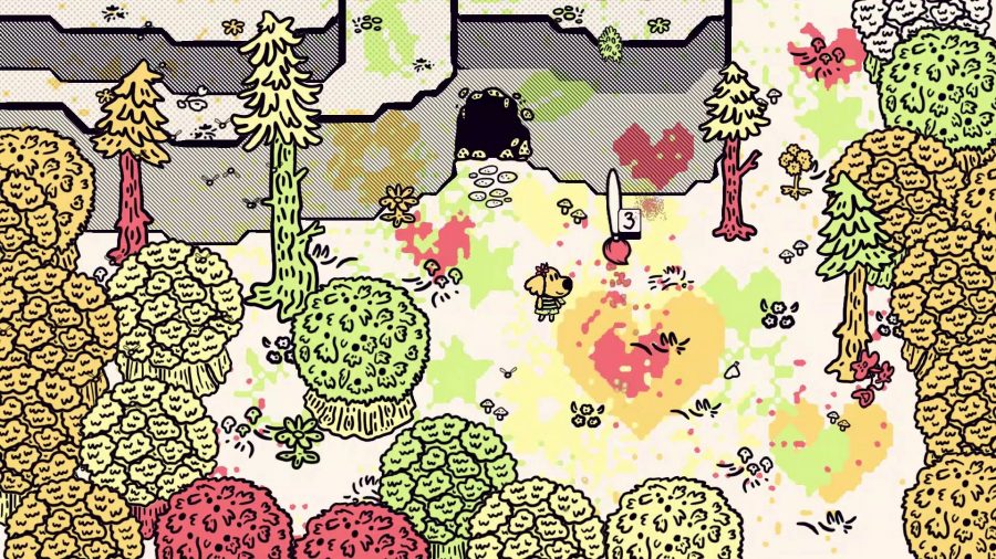 Dog games: a tiny cartoon dog stands in the middle of a forest, filled with color 