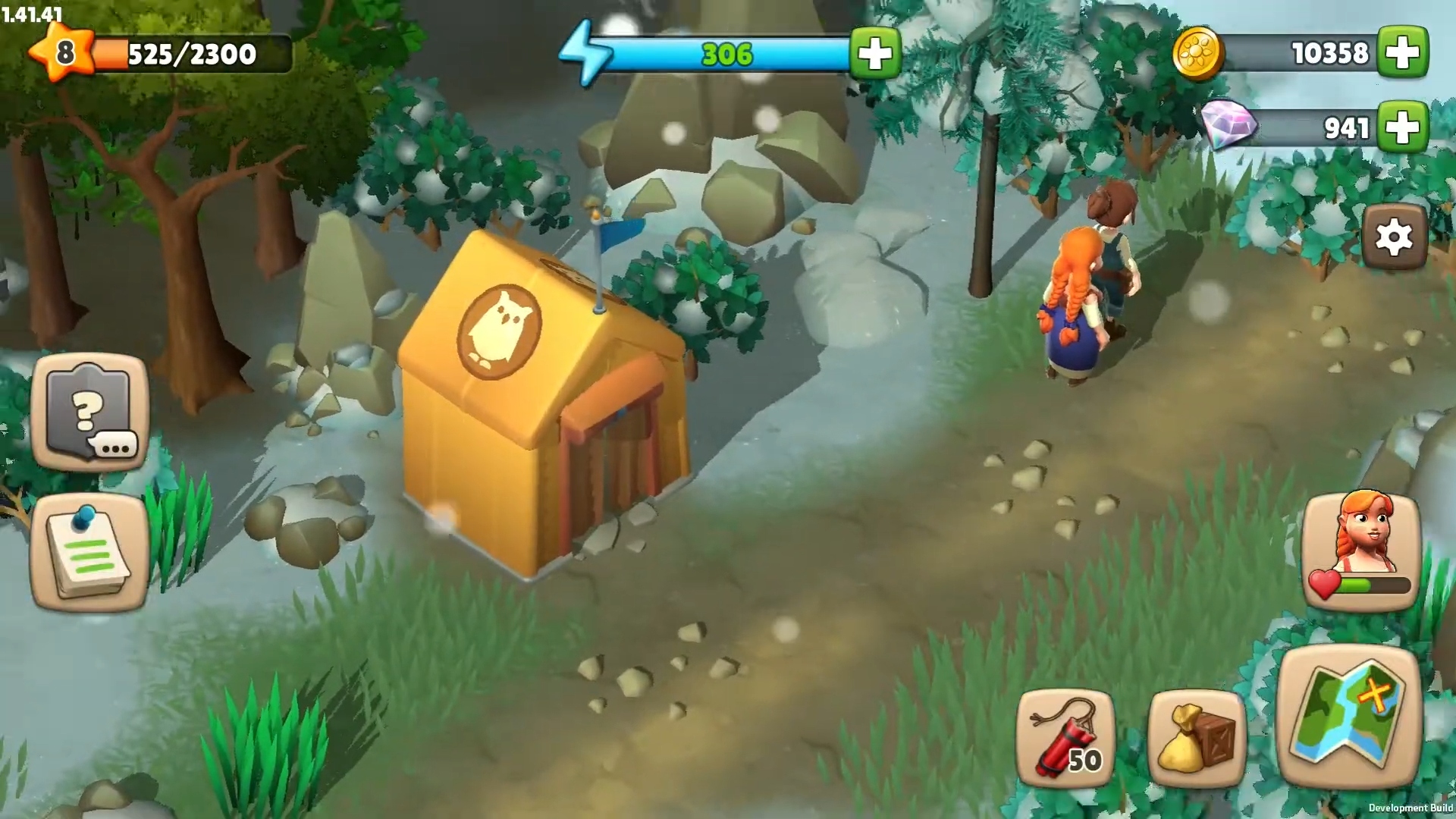 Best mobile games - Sunrise Village. A screenshot shows to people in a snowy farm area.