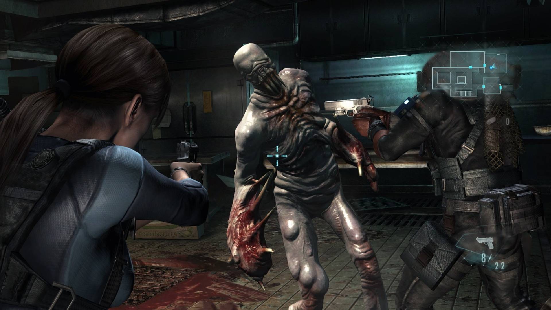 best spy games: a female mercenary holds up her gun at two bloated zombies