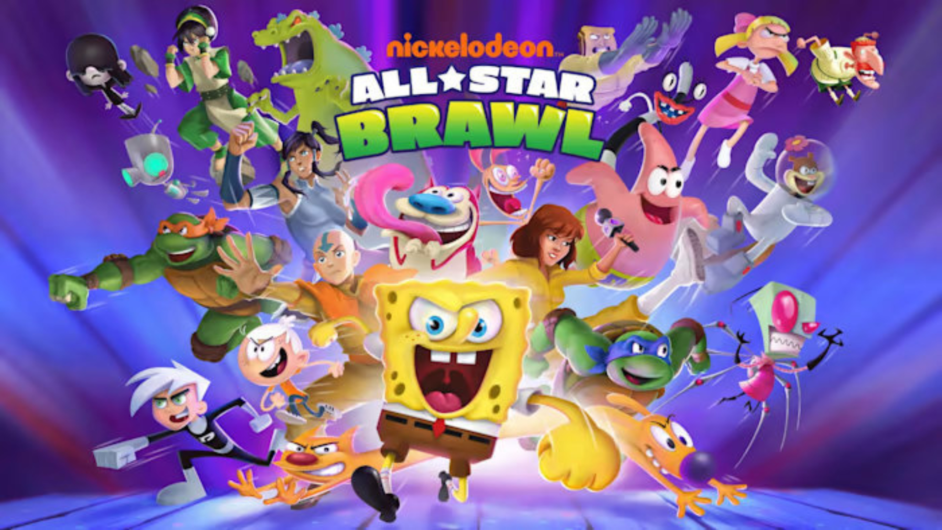 A group of Nickelodeon characters with SpongeBob leading the charge