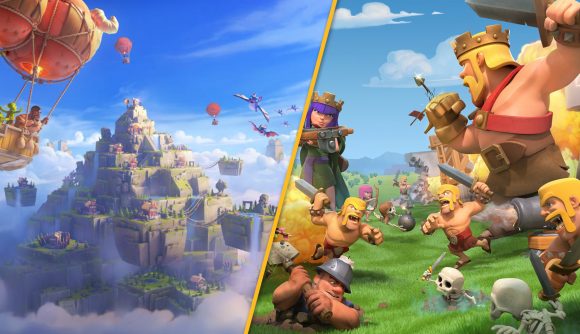 A custom header image with two pieces of artwork for Clash of Clans Clan Capital. On the left, a fortress in the sky that sort of looks like a Ziggurat, except with building on the different levels. On the right, large burly blonde men fighting on a grassy battlefield.