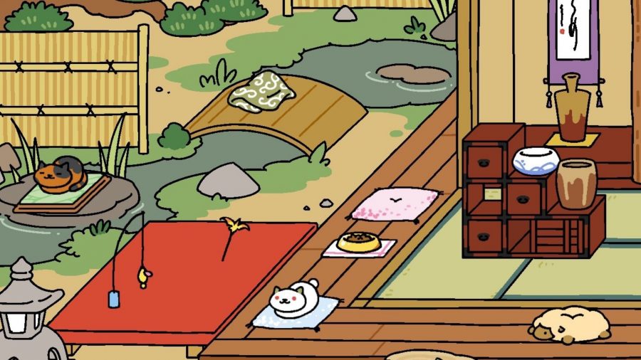 A couple of cats hanging out in a peaceful garden, by some food, in Neko Atsume.