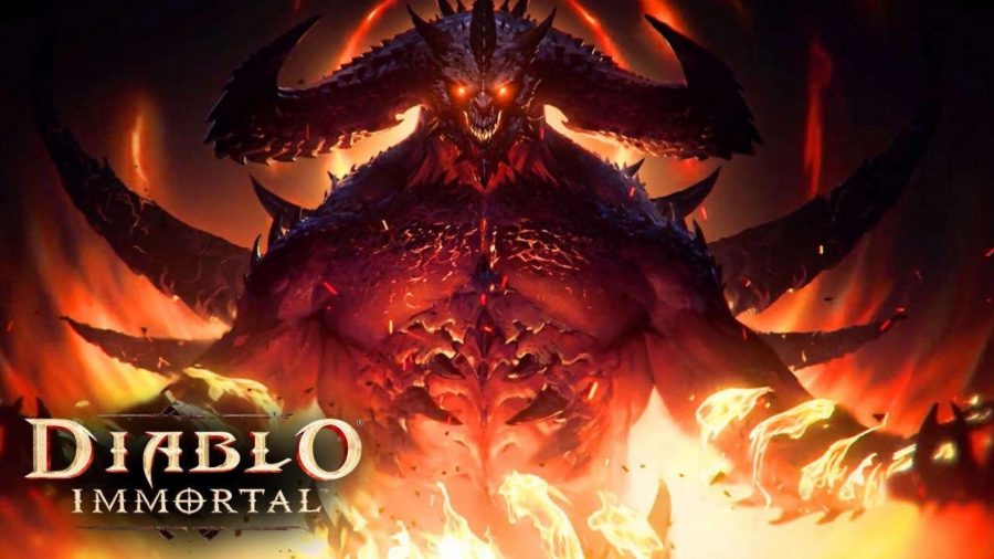 A large demon with horns coated in fire has red glowing eyes in art for Diablo Immortal.