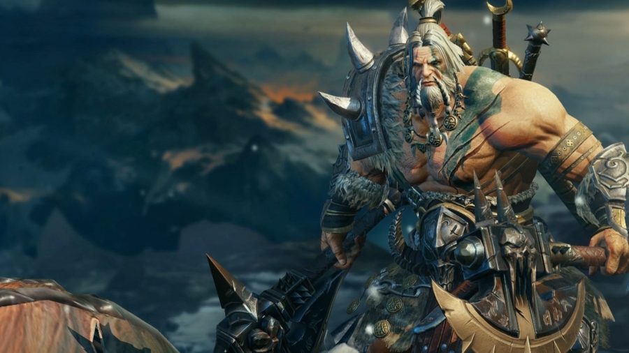 A large fellow with a big braided beard, spiky armour, large muscles, and a giant axe, who looks ready for a fight, from Diablo Immortal.