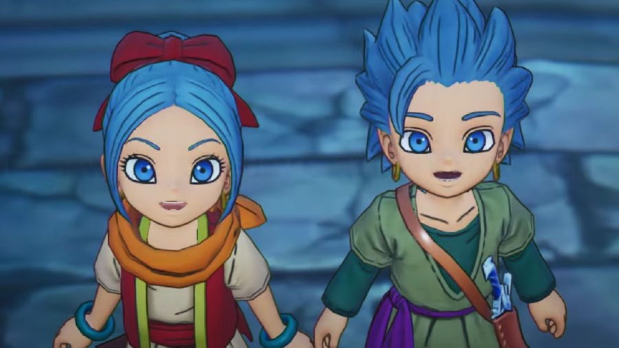 Erik and Mia in the Dragon Quest Treasures trailer, looking wide eyed up at the camera.