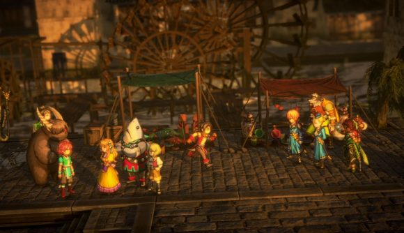 Various characters on a cobble street by a market. Everything's a little golden, like sunset. One of the characters is a shark, but they're wearing armour. It's from the game Eiyuden Chronicle: Hundred Heroes.