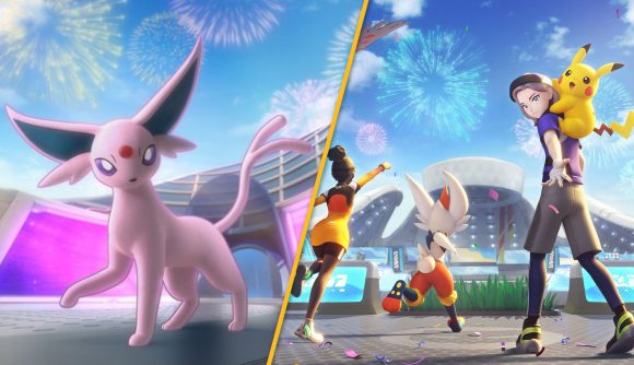 Custom header for Espeon Pokémon Unite article with key art of the game screenshots