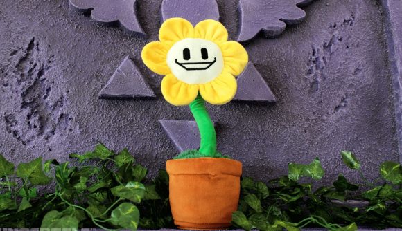 Promo image of dancing Flowey plush from Fangamer's Undertale section