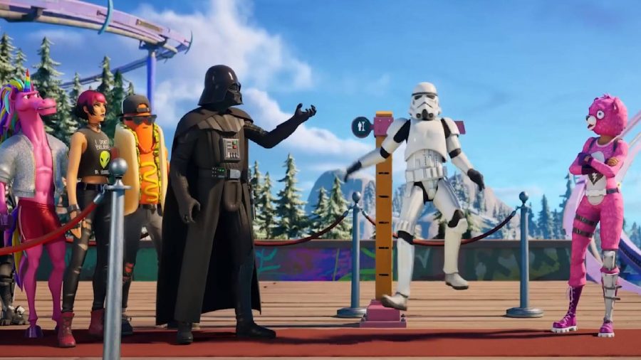 Fortnite challenges: Darth Vader uses the force to lift and a Storm Trooper into the air, making them tall enough to ride a rollercoaster