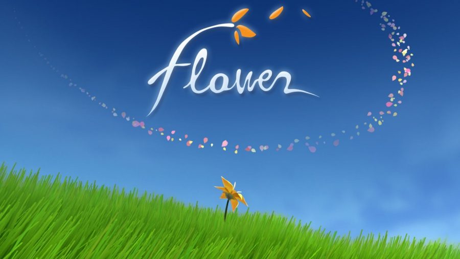 Art for the game flower, showing the logo above a single flower on a grassy plane, with petals blowing in the wind above it.