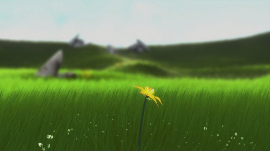 A single flower from the game Flower, growing on a grassy plain.