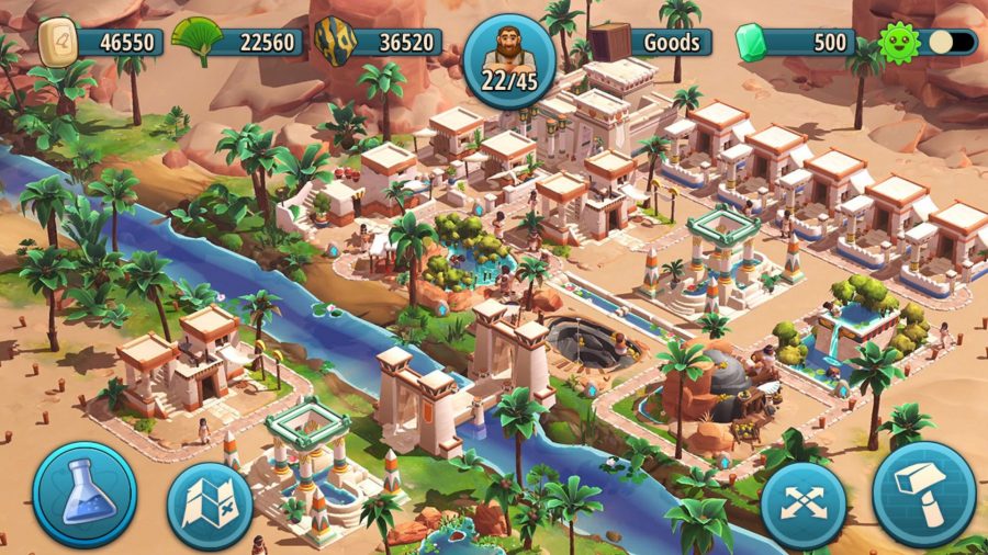 A screenshot from Rise of Cultures, showing an Egyptian-style town, with palm trees and a bright blue river, from a bird's eye view.