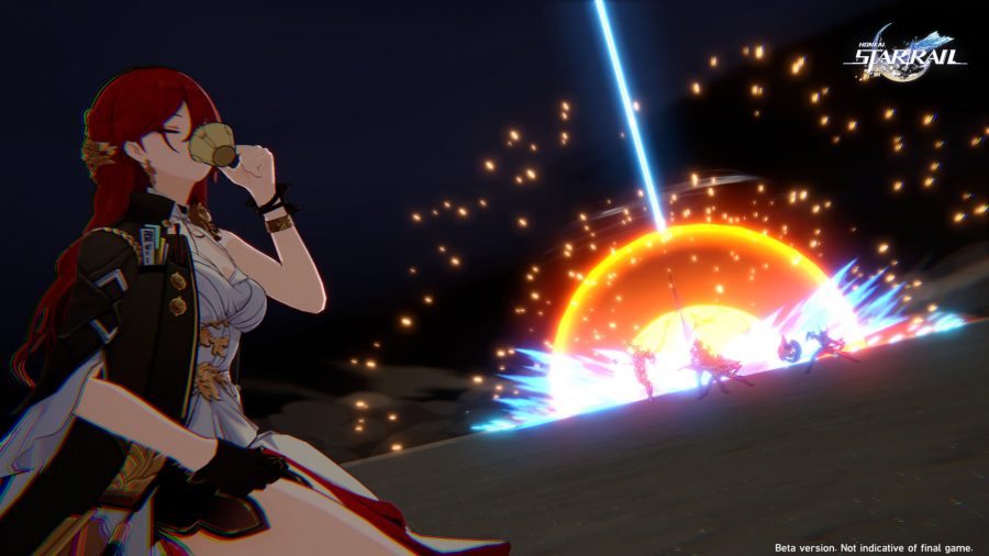 Honkai Star Rail beta character sipping tea with an explosion in the background