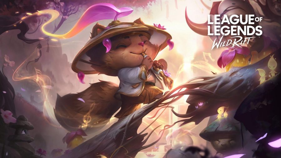 A weird fluffy creature playing some sort of wind instrument in a fantastical scene in art for League of Legends: Wild Rift.