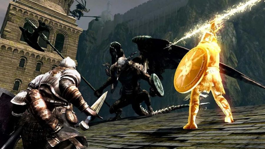 Solaire (as a summon) prepares a lighting bolt to throw at a gargoyle monster on the roof of a church in Dark Souls.