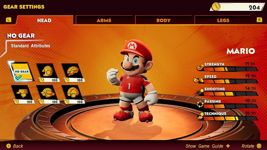 Customisation menu for Mario Strikers : Battle League