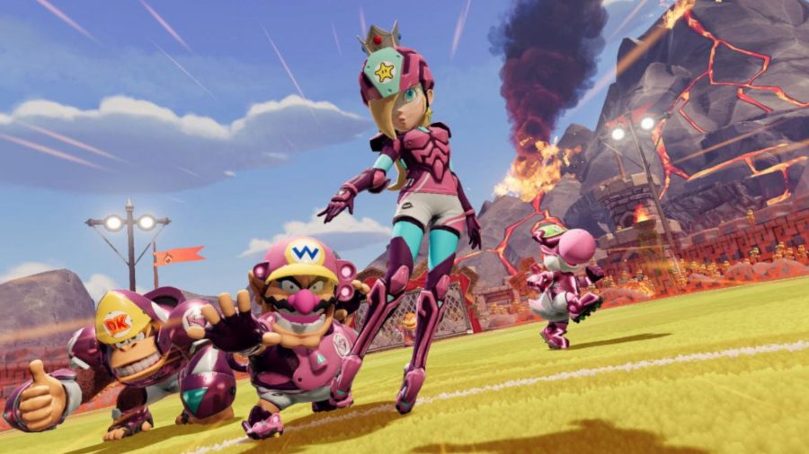 Rosalina and Warrior posing with their team Mario Strikes: Battle League