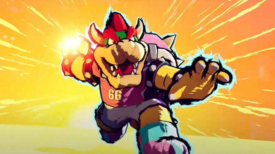 Screenshot of Bowsers hyper shot in Mario Strikers Battle League review