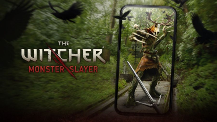 A deer-like humanoid monster on a phone screen, with The Witcher: Monster Slayer logo next to the phone, on a woodland background.